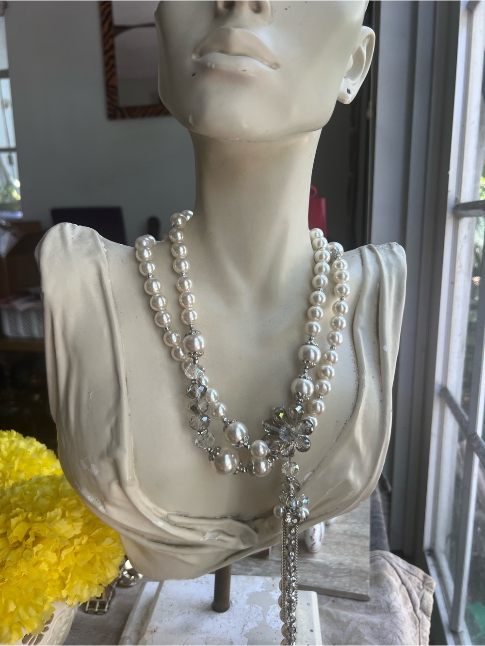 Estate Find Pearl and Crystal Long Necklace Doubled ‘round mannequin